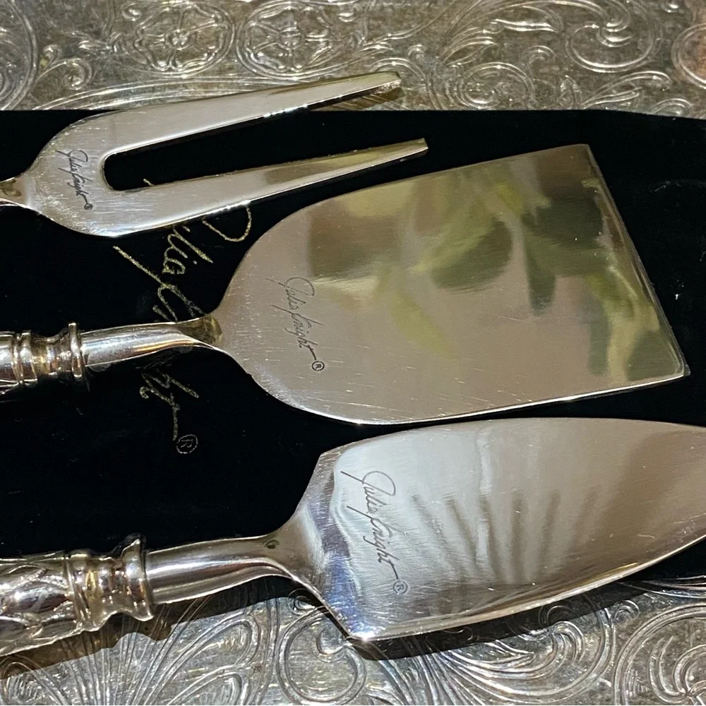 Vintage Julia Knight 3 Piece Cheese Serving Set Silver Florentine Charcuterie